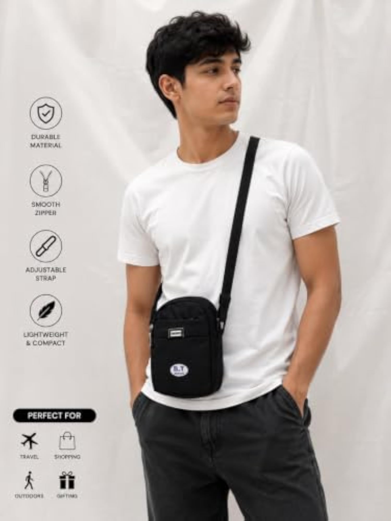 Unisex Black Shoulder Sling Bag, Compact Travel Essential